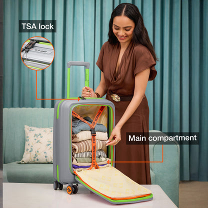 Nasher Miles Capri Hard-Sided Polypropylene Cabin Luggage with Laptop Compartment 20 inch | 55cm | 8 Wheels Small Trolley Bag for Travel | Suitcase (Grey & Green)