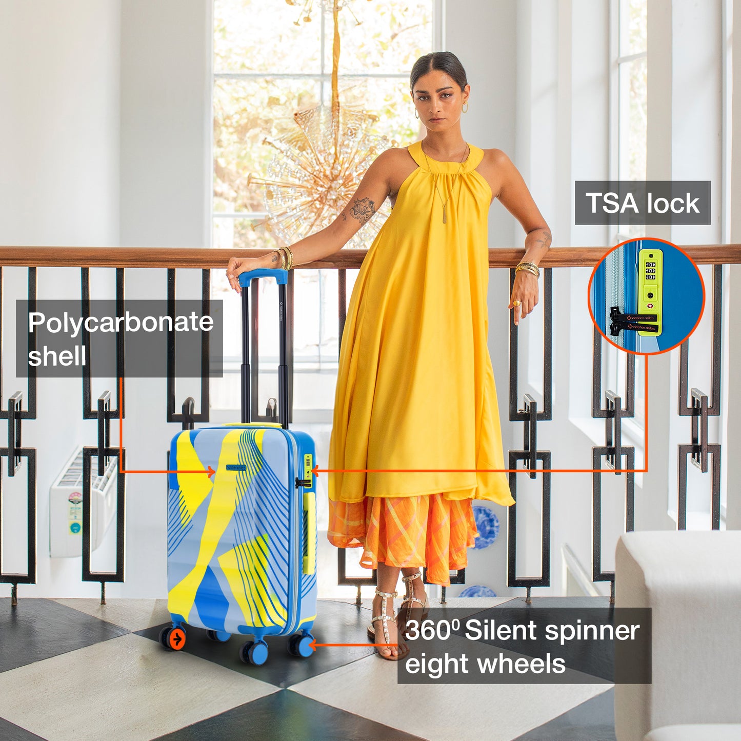 Nasher Miles Chicago Hard-Sided Polycarbonate Printed Cabin Luggage Lemon Teal 20 inch (55) Trolley Bag