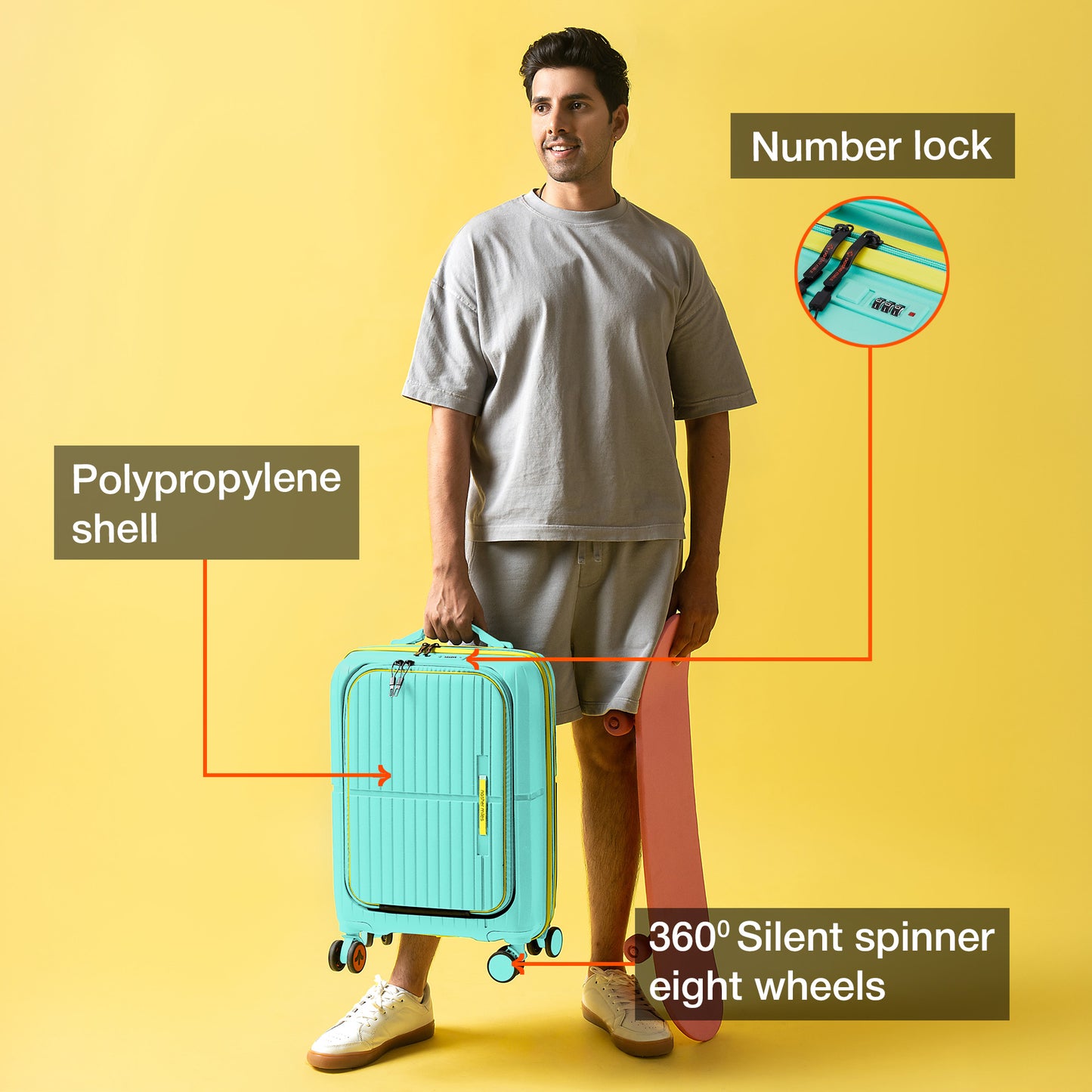 Nasher Miles Plus Springfield Hard-Sided Polypropylene Cabin Luggage with Laptop Compartment Cool Mint 20 inch |55 Trolley Bag