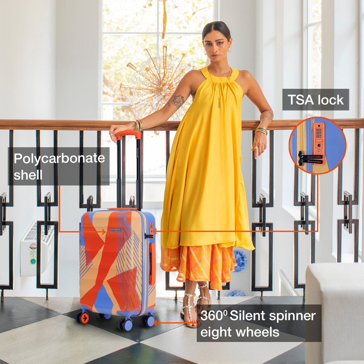 Nasher Miles Chicago Hard-Sided Polycarbonate Printed Cabin Luggage Orange Blue 20 inch (55) Trolley Bag