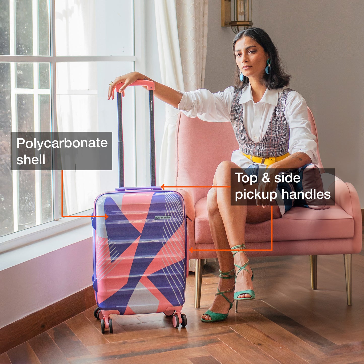 Nasher Miles Chicago Hard-Sided Polycarbonate Printed Cabin Luggage Pink Grey 20 inch (55) Trolley Bag