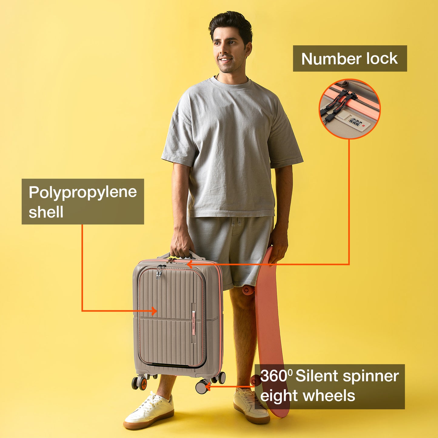 Nasher Miles Plus Springfield Hard-Sided Polypropylene Cabin Luggage with Laptop Compartment Champagne 20 inch |55 Trolley Bag