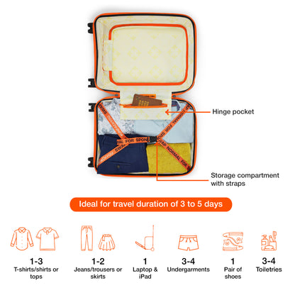 Nasher Miles Capri Hard-Sided Polypropylene Cabin Luggage with Laptop Compartment 20 inch | 55cm | 8 Wheels Small Trolley Bag for Travel | Suitcase (Black & Orange)