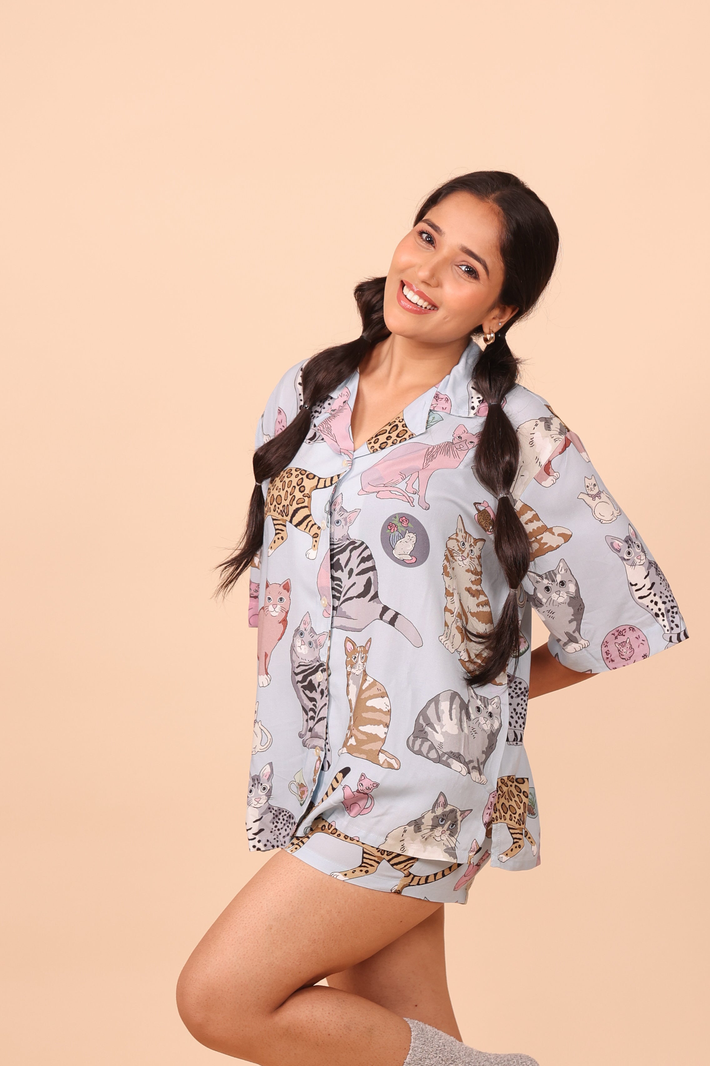 Meow Blue Shorts set Loungewear | Masha at Broadway