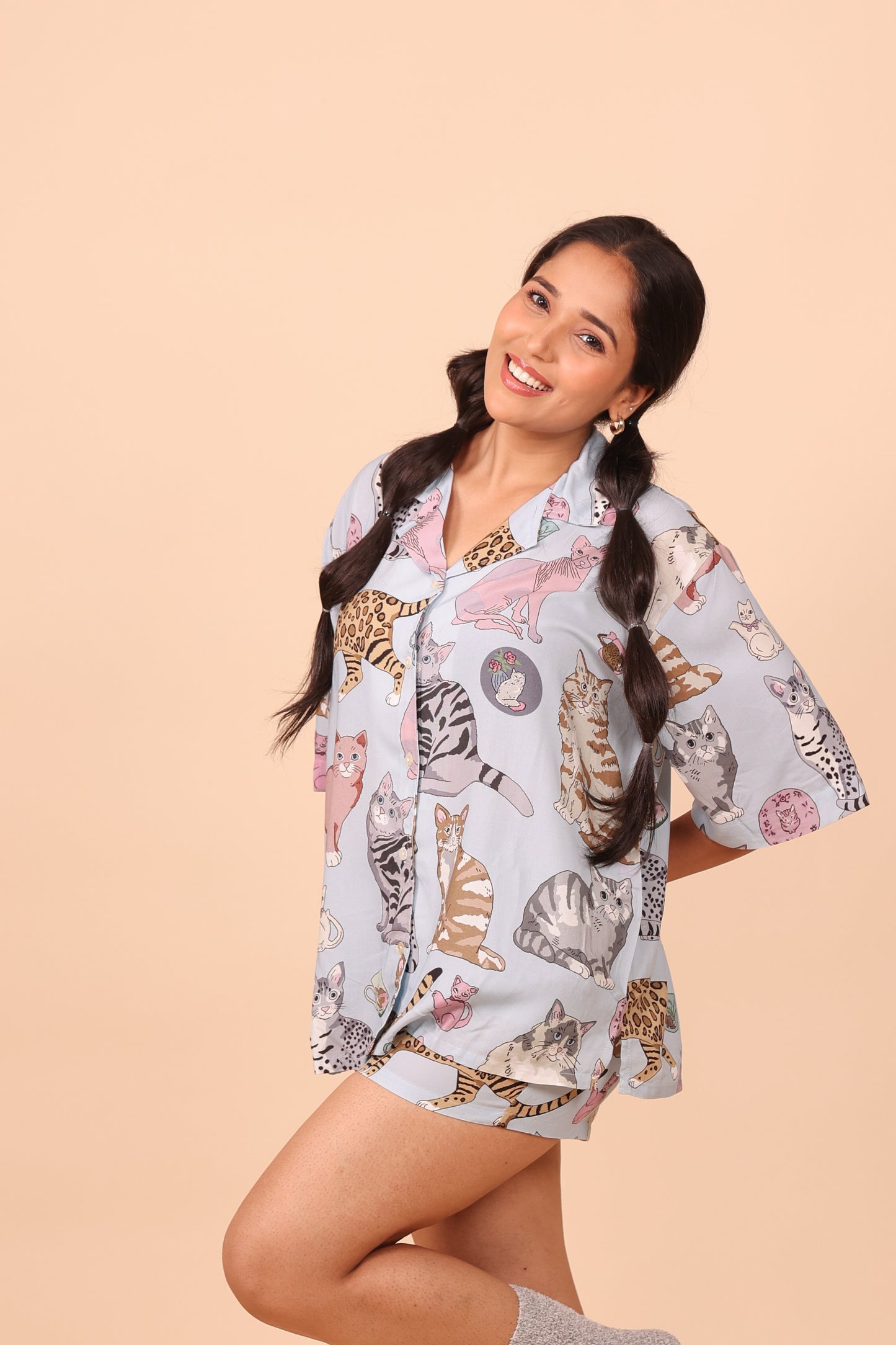 Meow Blue Shorts set Loungewear | Masha at Broadway