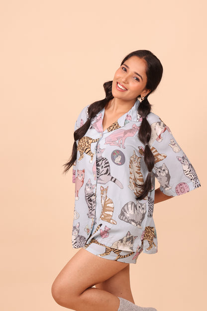 Meow Blue Shorts set Loungewear | Masha at Broadway