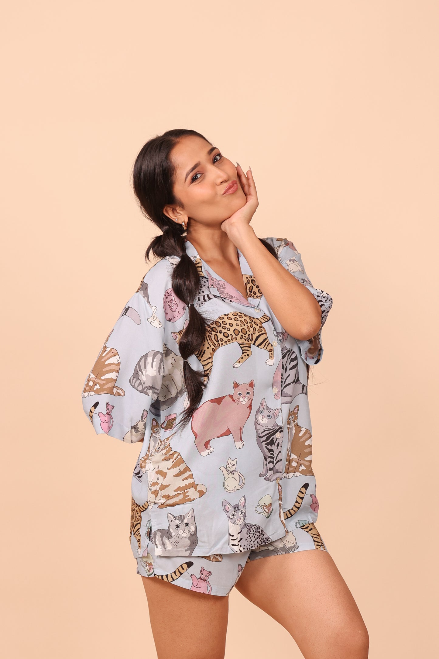 Meow Blue Shorts set Loungewear | Masha at Broadway