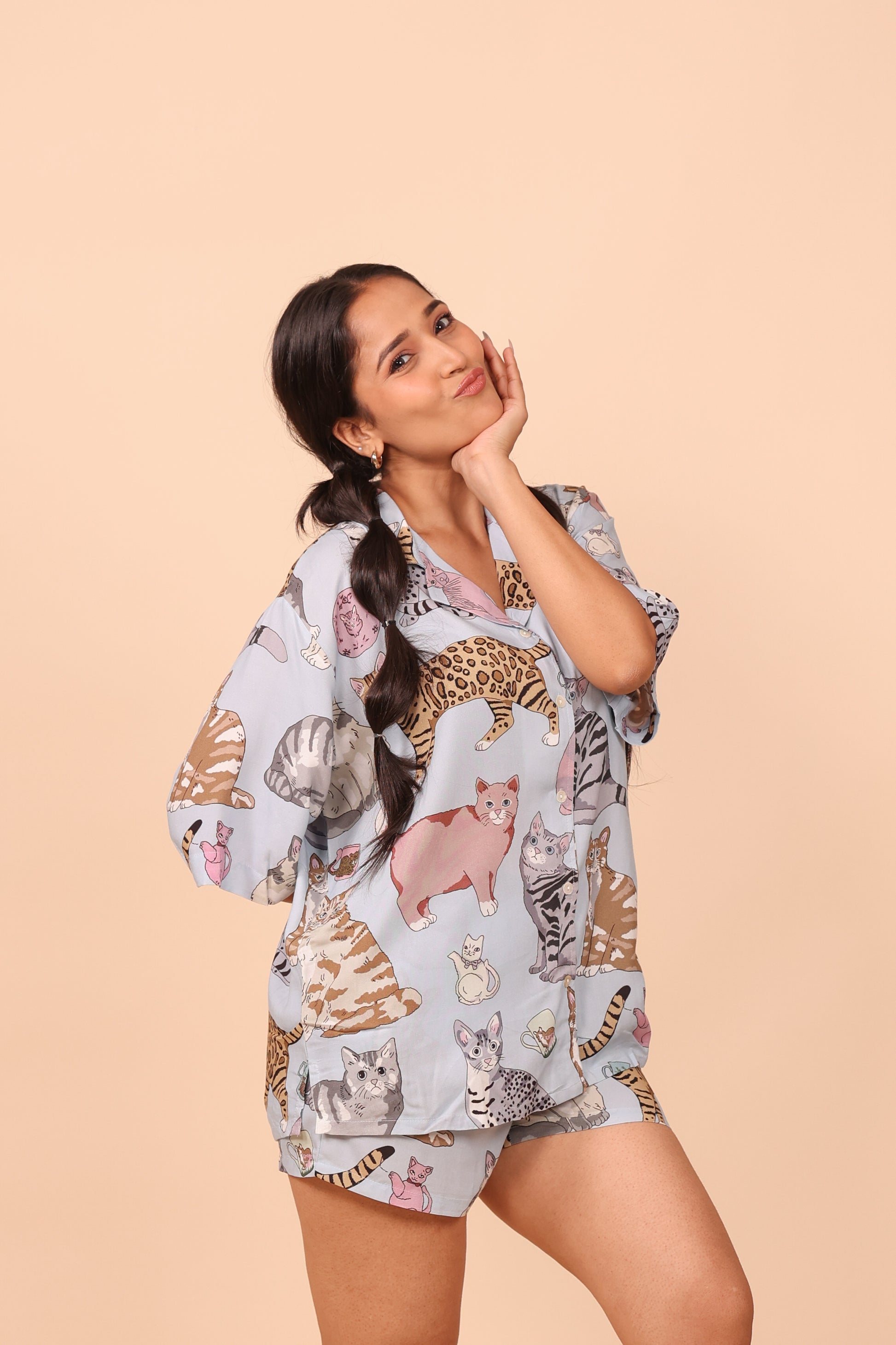 Meow Blue Shorts set Loungewear | Masha at Broadway