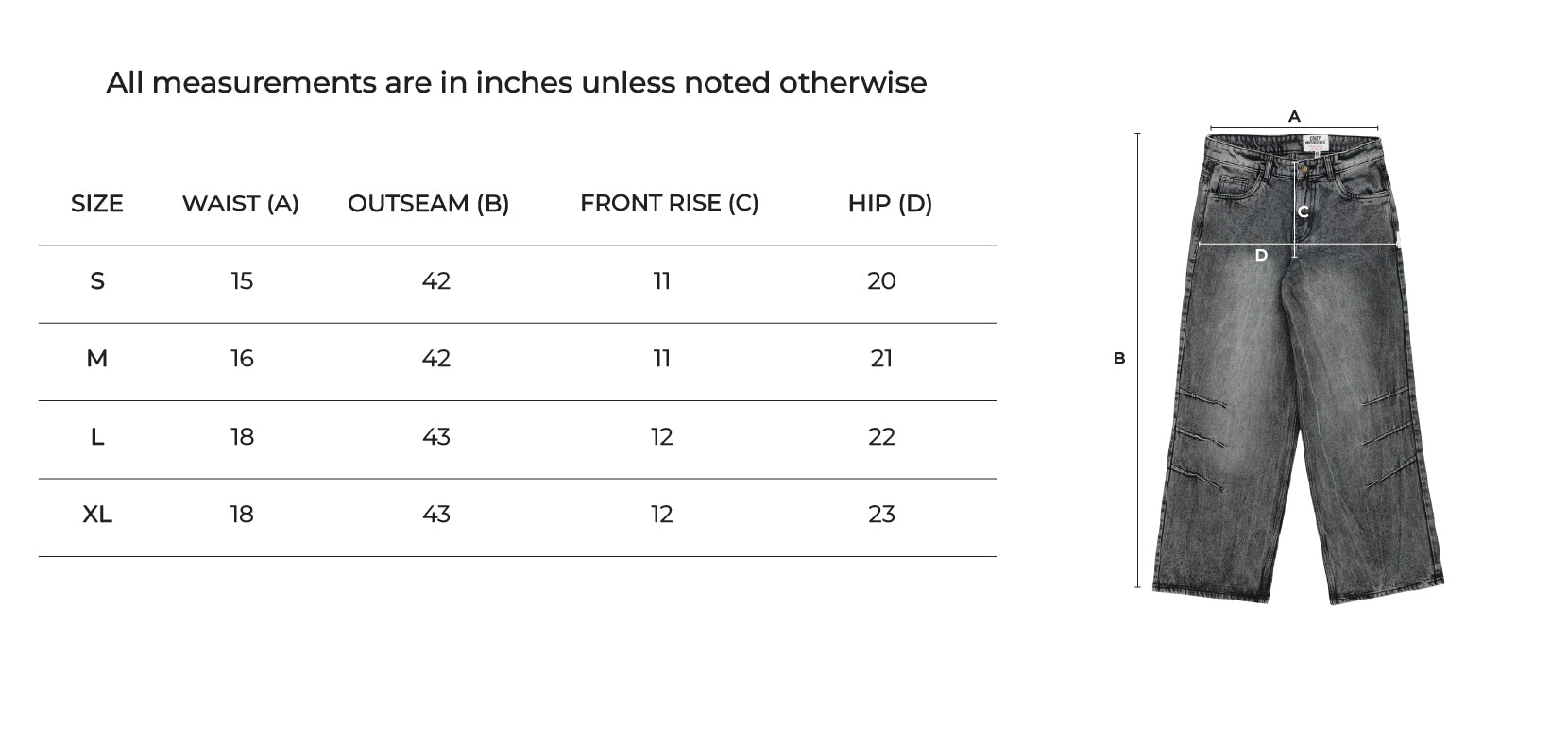 Size Chart for Black Dart Denim