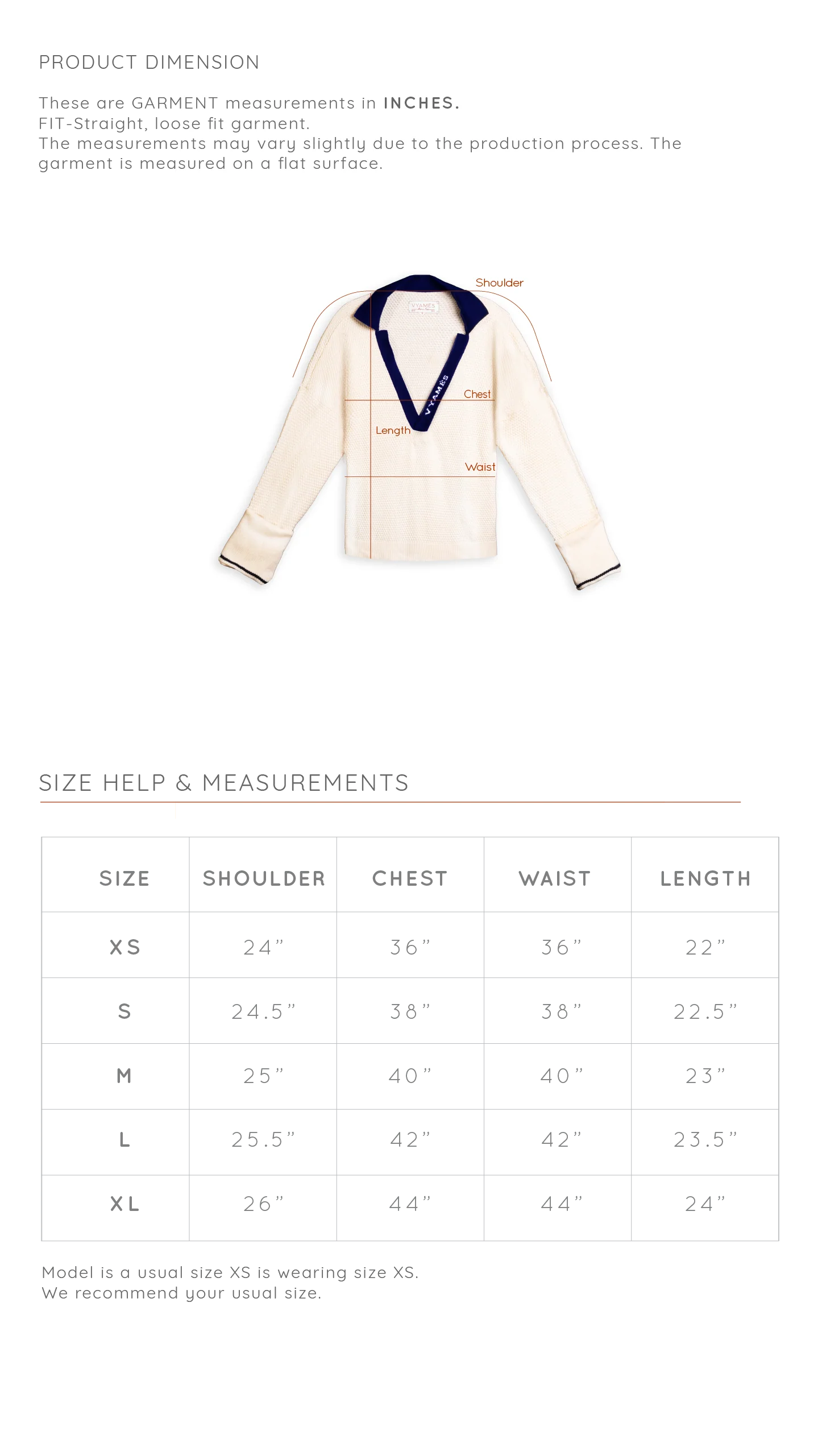 Size Chart for Garter Knit Top