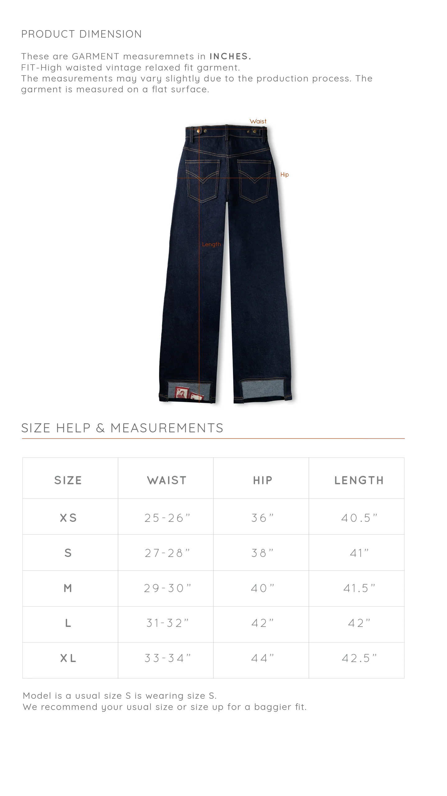 Size Chart for Hidden Deal Denim