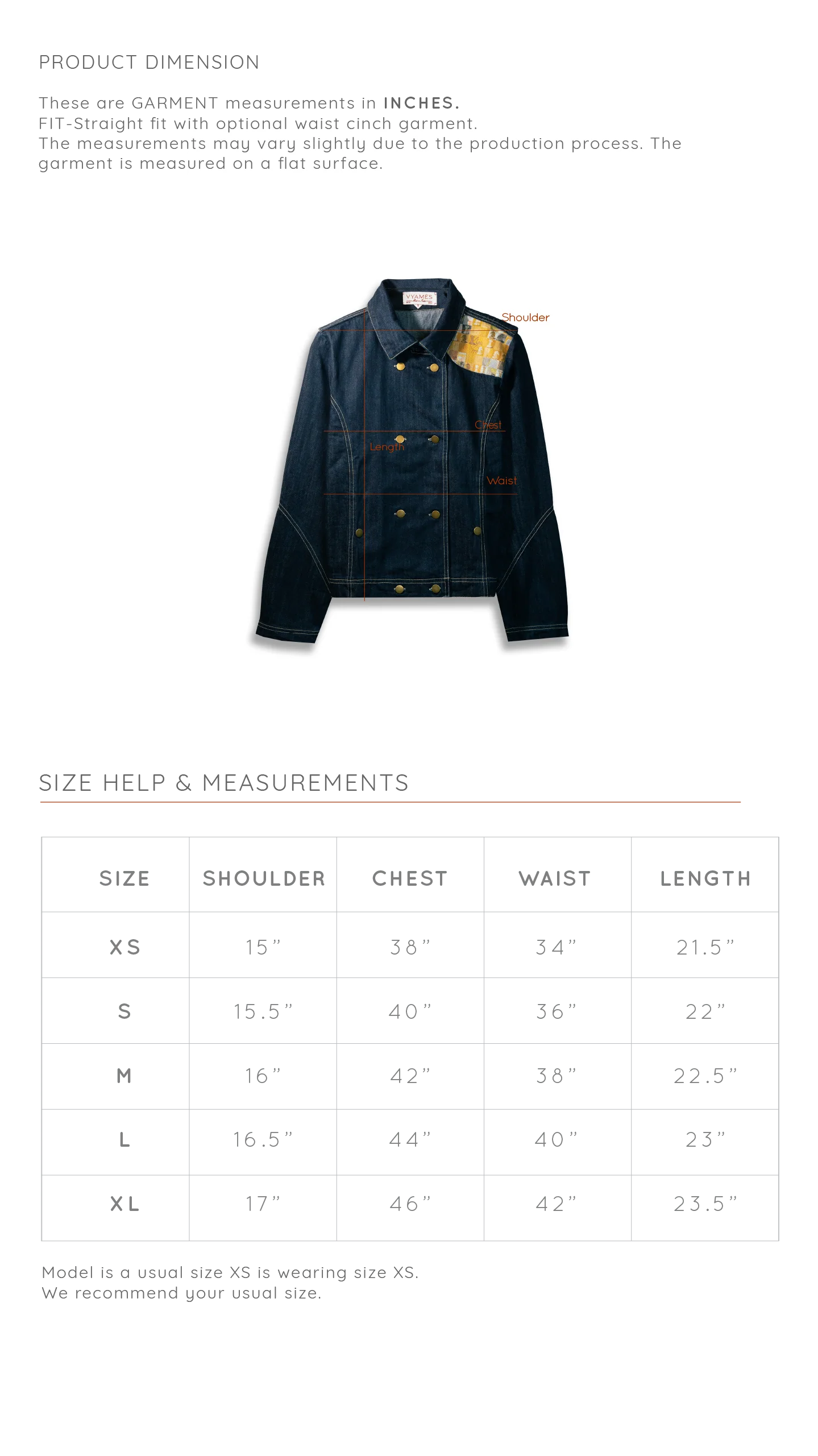 Size Chart for Modern Chaupar Denim Jacket