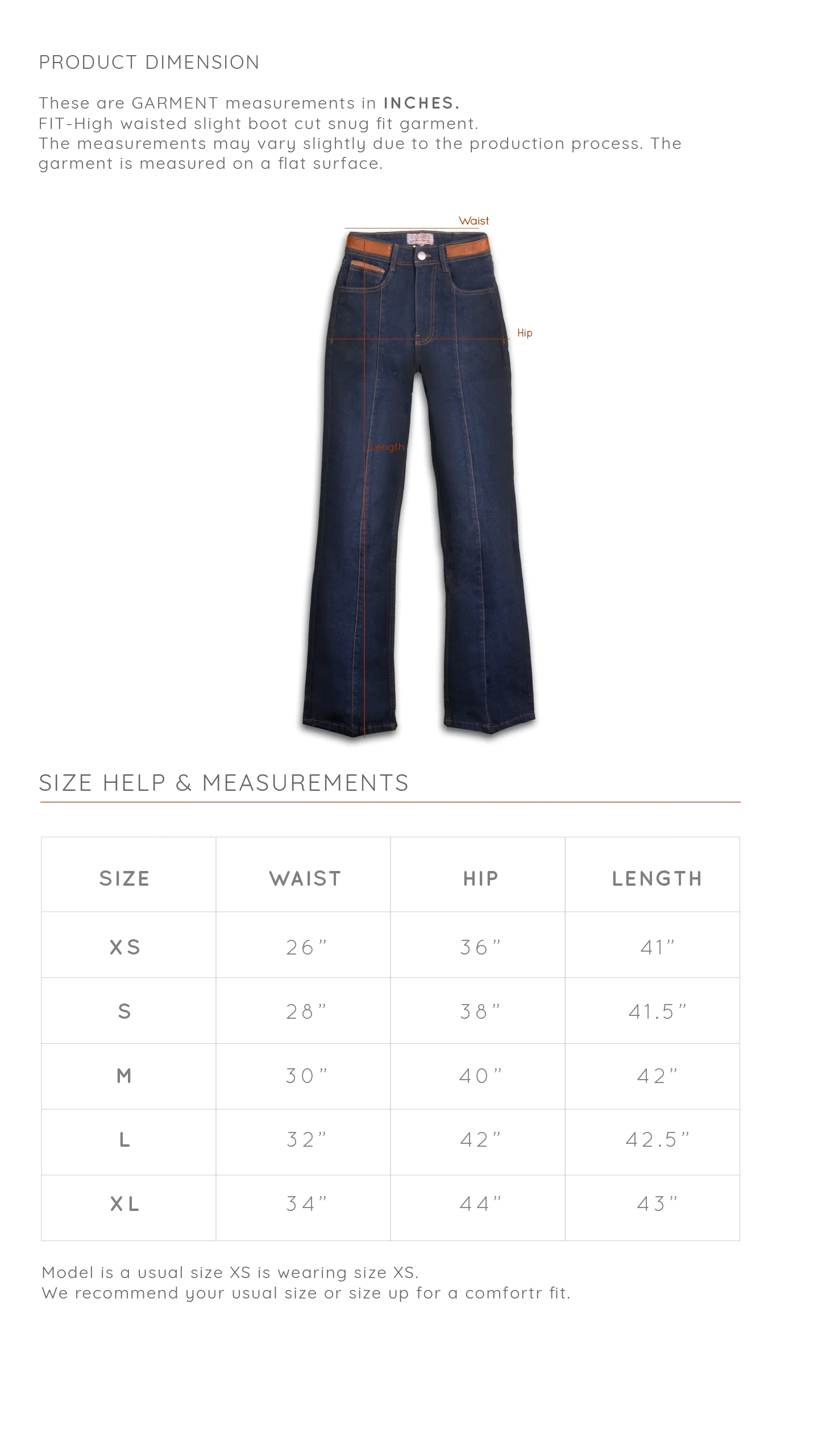 Size Chart for Pattern Embroidered Denim