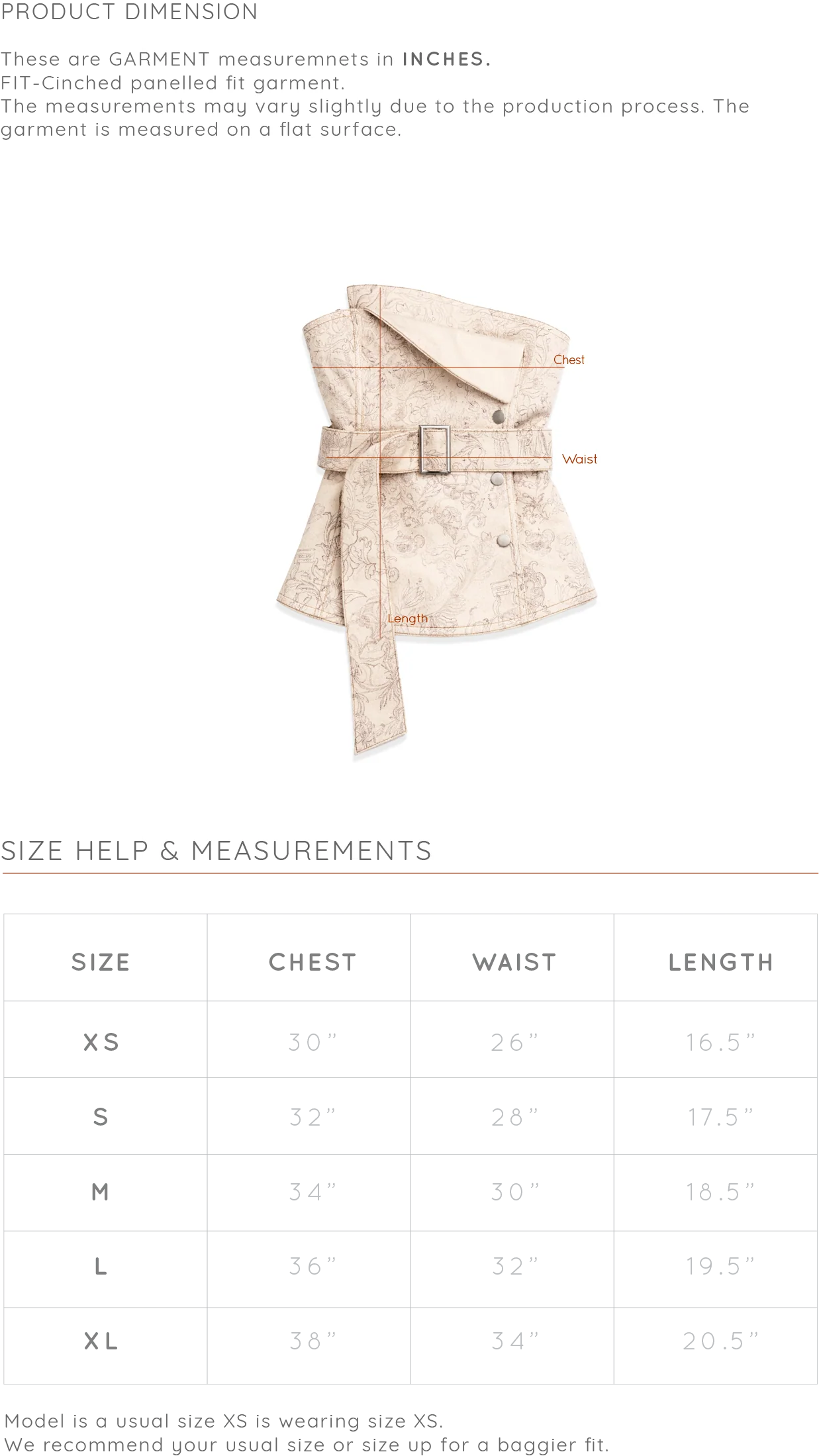 Size Chart for The Sketchbook Denim Corset Top