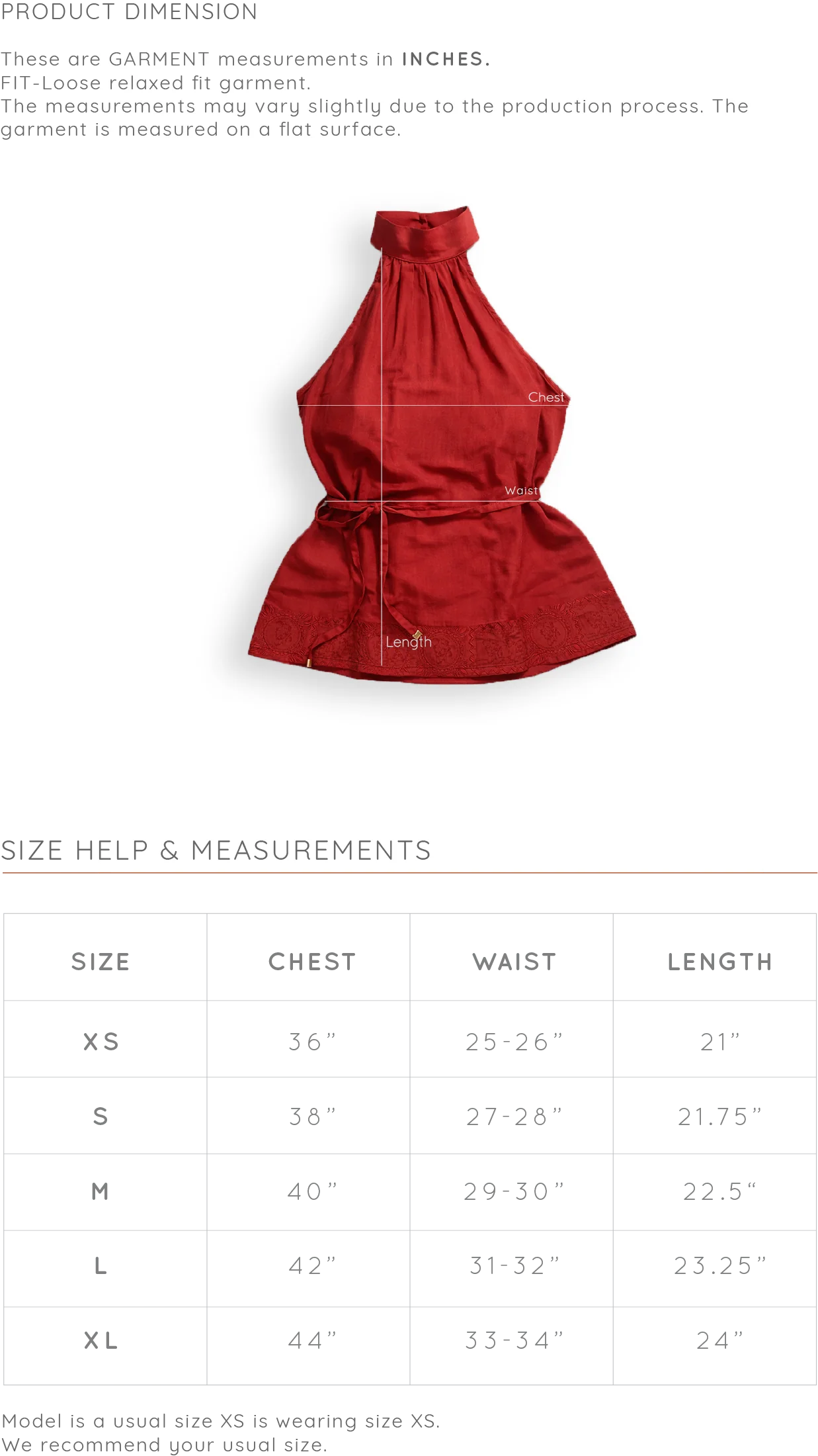 Size Chart for Hem Parade Top