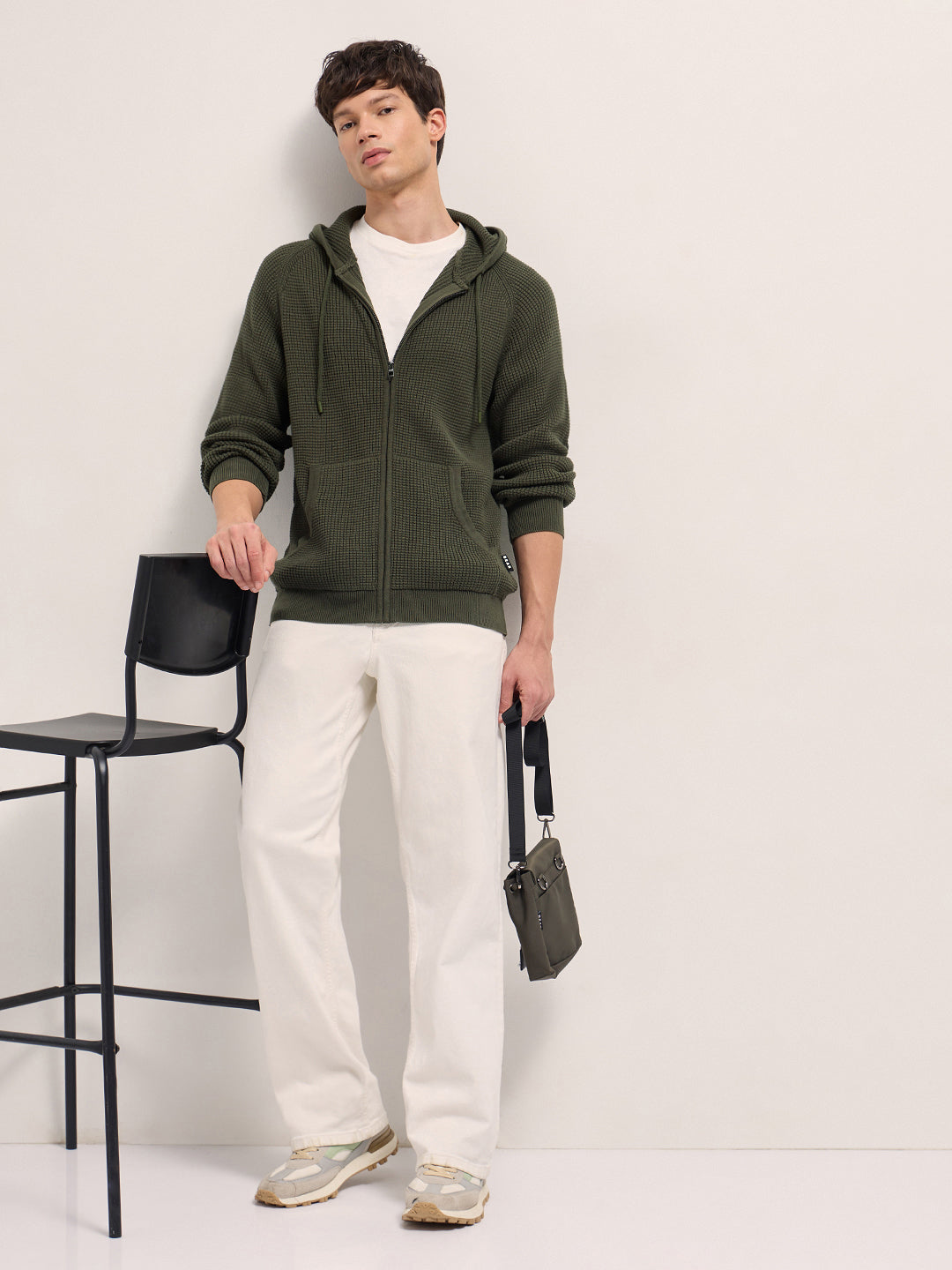 Men Cotton Solid Textured Full Zip Hooded Sweatshirt SWE-GABON-OL