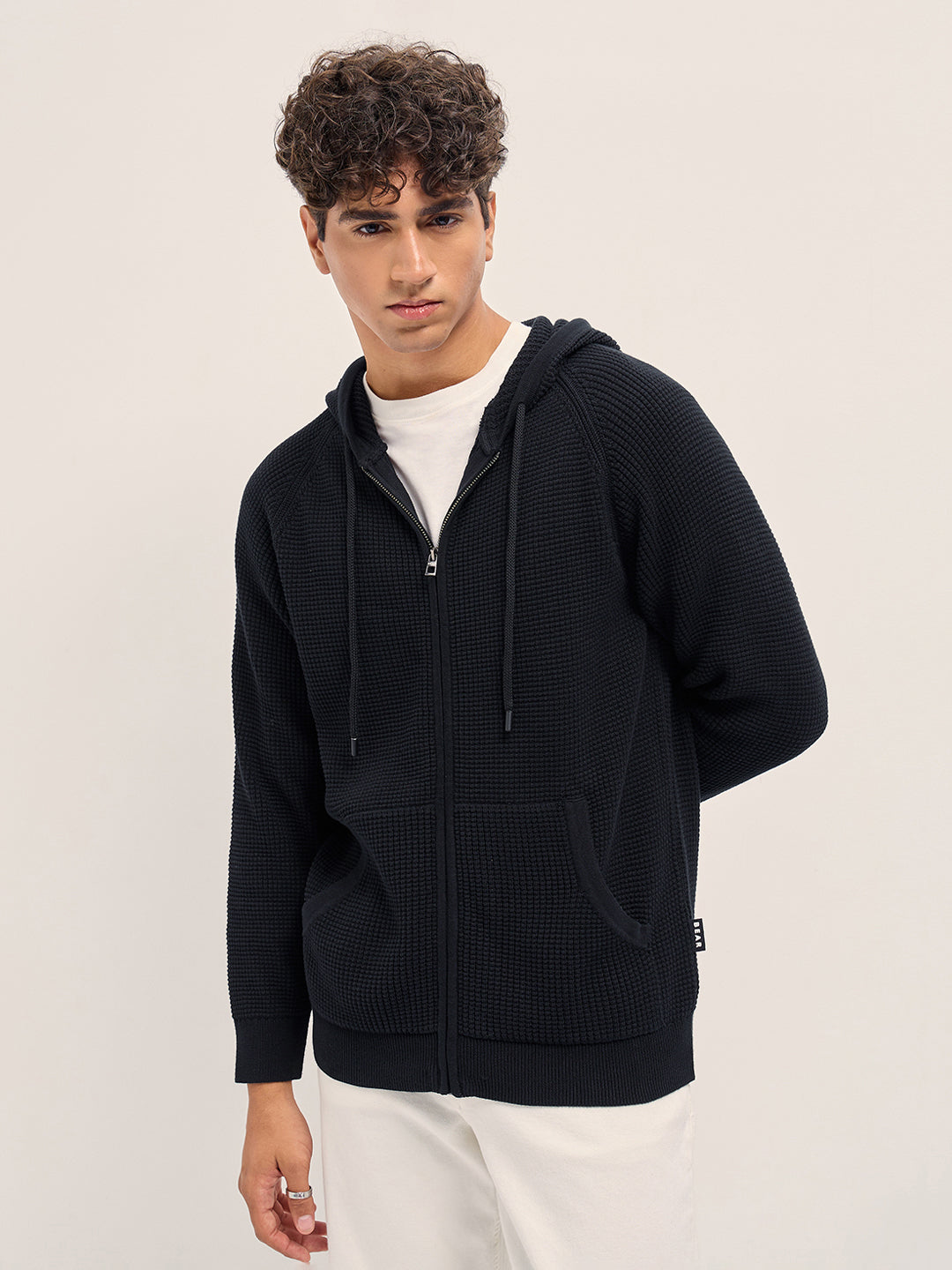 Men Cotton Solid Textured Full Zip Hooded Sweatshirt SWE-MALI-BK