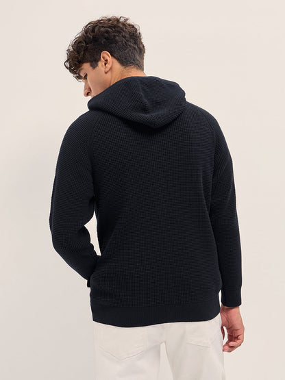 Men Cotton Solid Textured Full Zip Hooded Sweatshirt SWE-MALI-BK