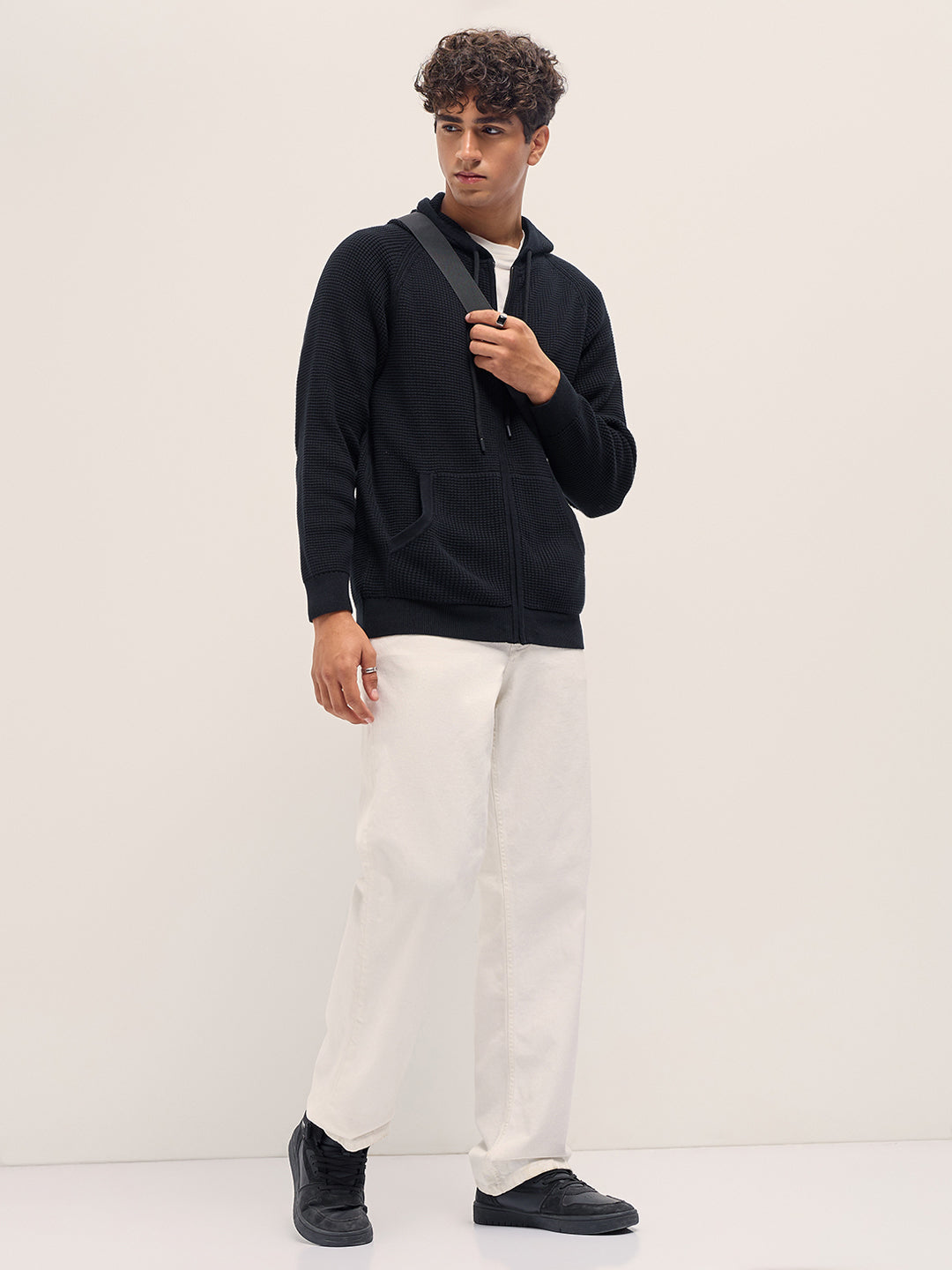 Men Cotton Solid Textured Full Zip Hooded Sweatshirt SWE-MALI-BK