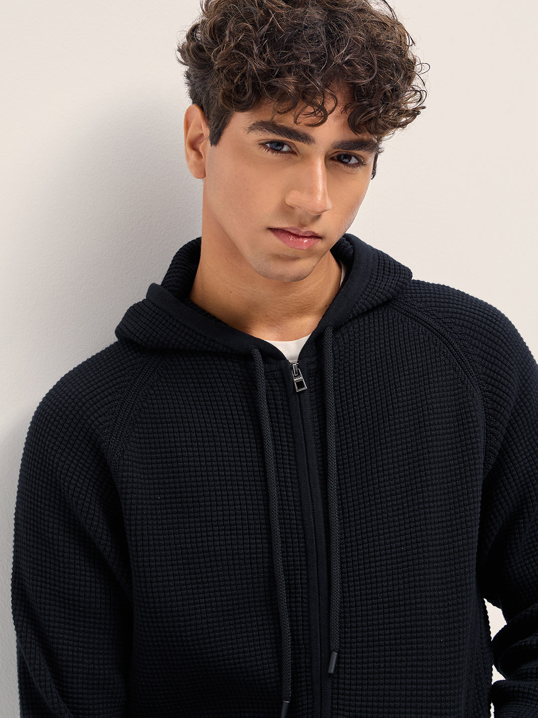 Men Cotton Solid Textured Full Zip Hooded Sweatshirt SWE-MALI-BK