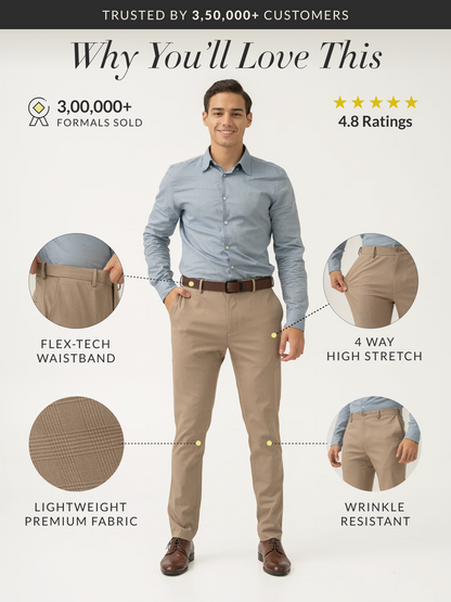 Sand Beige Checks Formal Slim Fit Stretch Pants