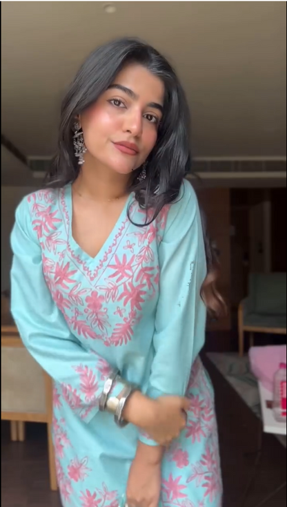 Kritika in Kashmiri Aari Work Cotton Kurta Set - Sky Blue
