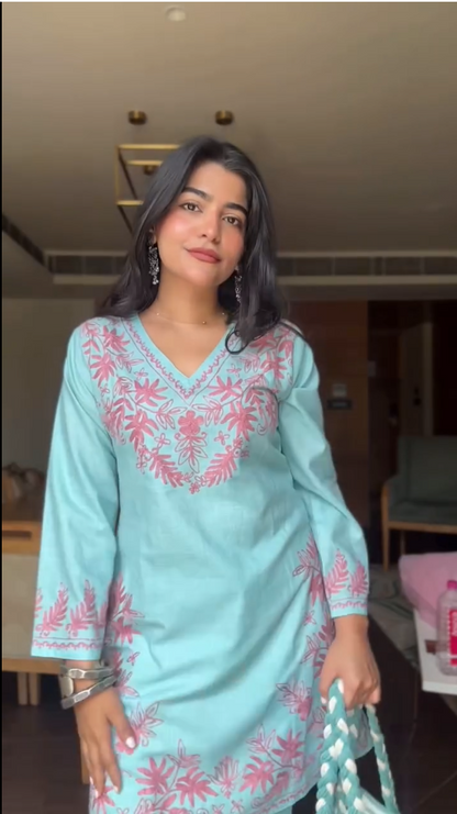 Kritika in Kashmiri Aari Work Cotton Kurta Set - Sky Blue