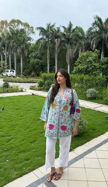 Pralambika in Kashmiri Aari Work Cotton Kurta Jacket – Sky Blue