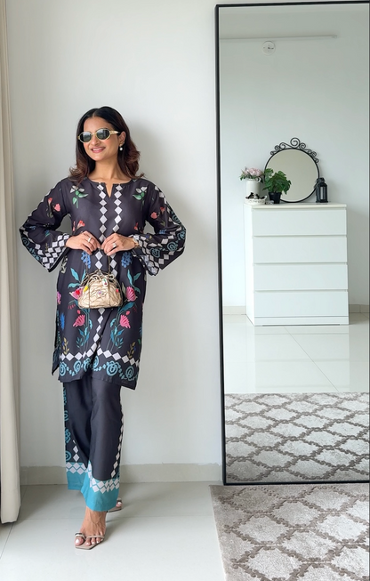 Mauli in Lawn Cotton Printkari Co-ord Set  - Black Print With Straight pant