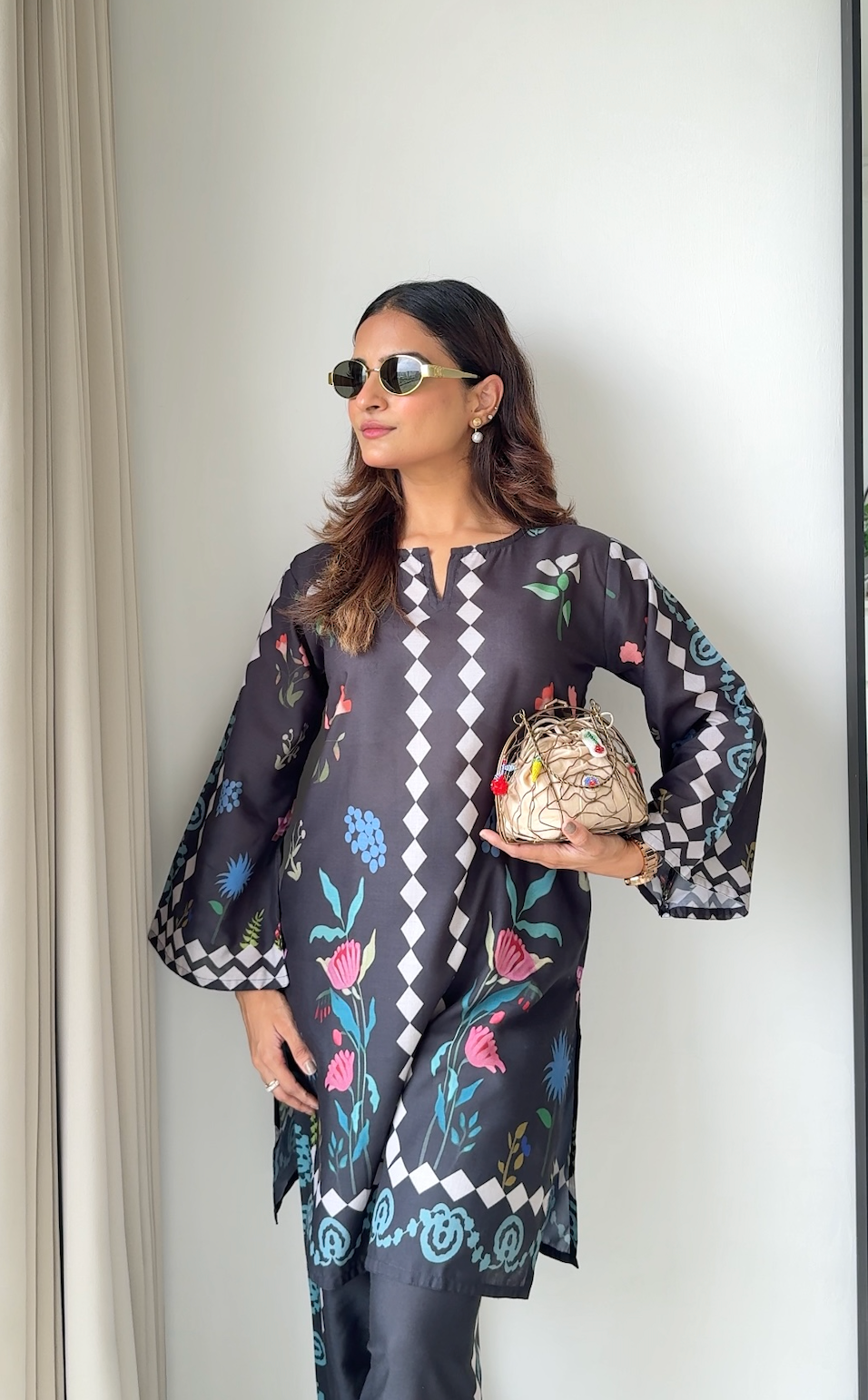 Mauli in Lawn Cotton Printkari Co-ord Set  - Black Print With Straight pant