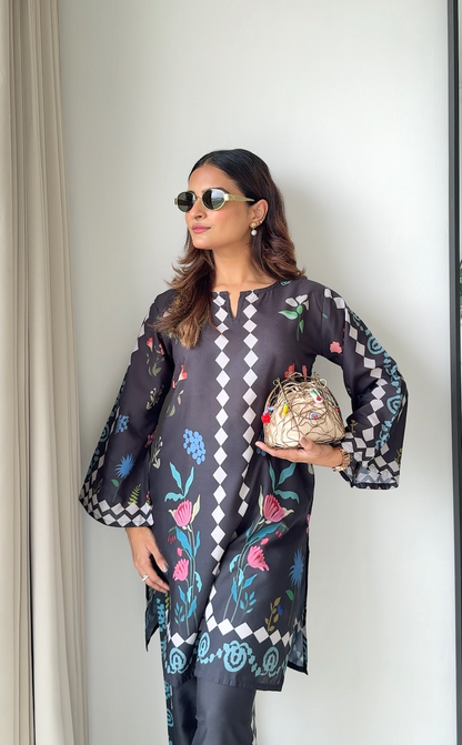 Mauli in Lawn Cotton Printkari Co-ord Set  - Black Print With Straight pant