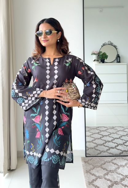 Mauli in Lawn Cotton Printkari Co-ord Set  - Black Print With Straight pant