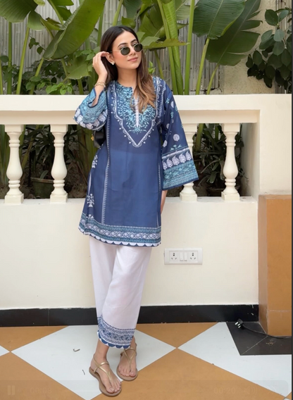 Arpita in Lawn Cotton Printkari Co-ord Set - Navy Blue & White With Straight pant