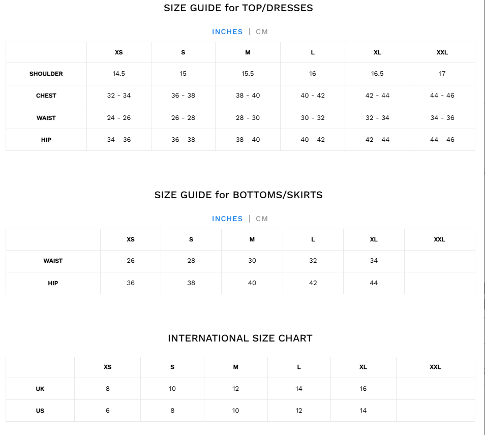Size Chart for SUNNY DRESS