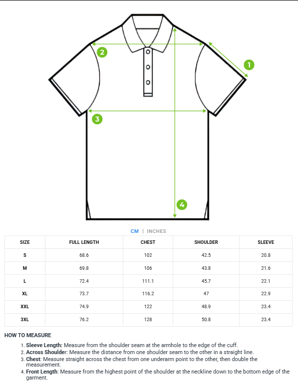 Size Chart for PERTOK | Blue Soft Touch 4-Way Stretch High Performance Polo