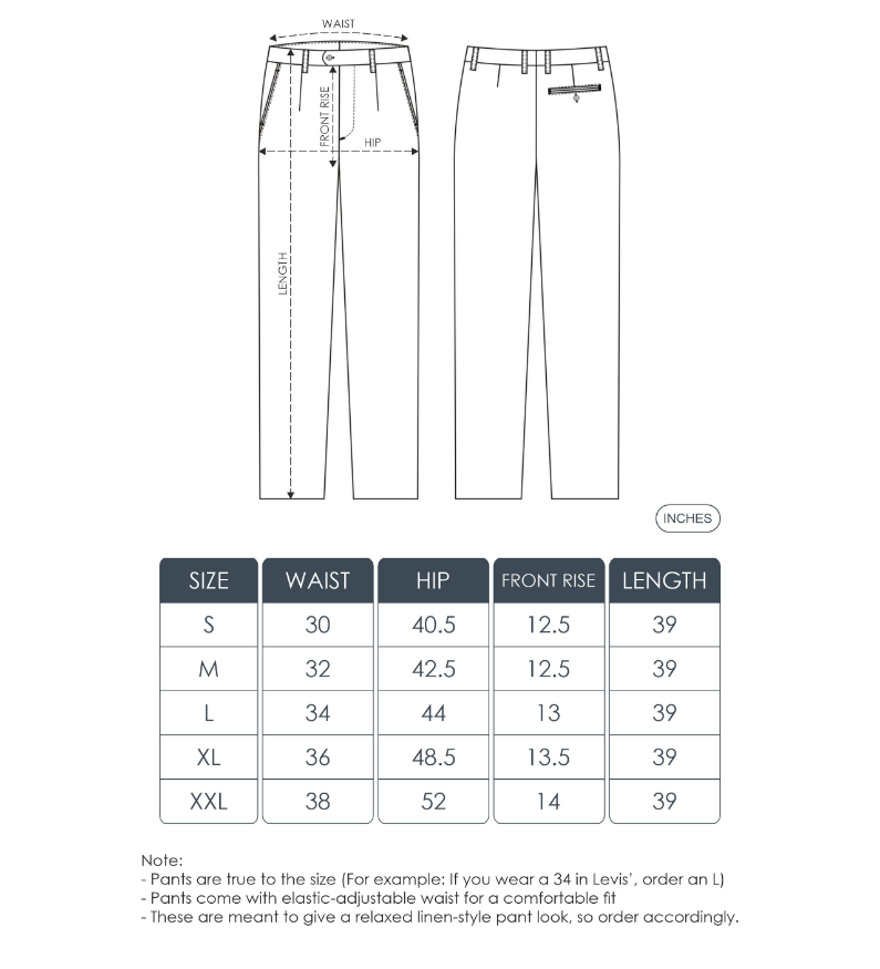 Size Chart for Linen-style 100% Cotton Straight Fit Grey Pant