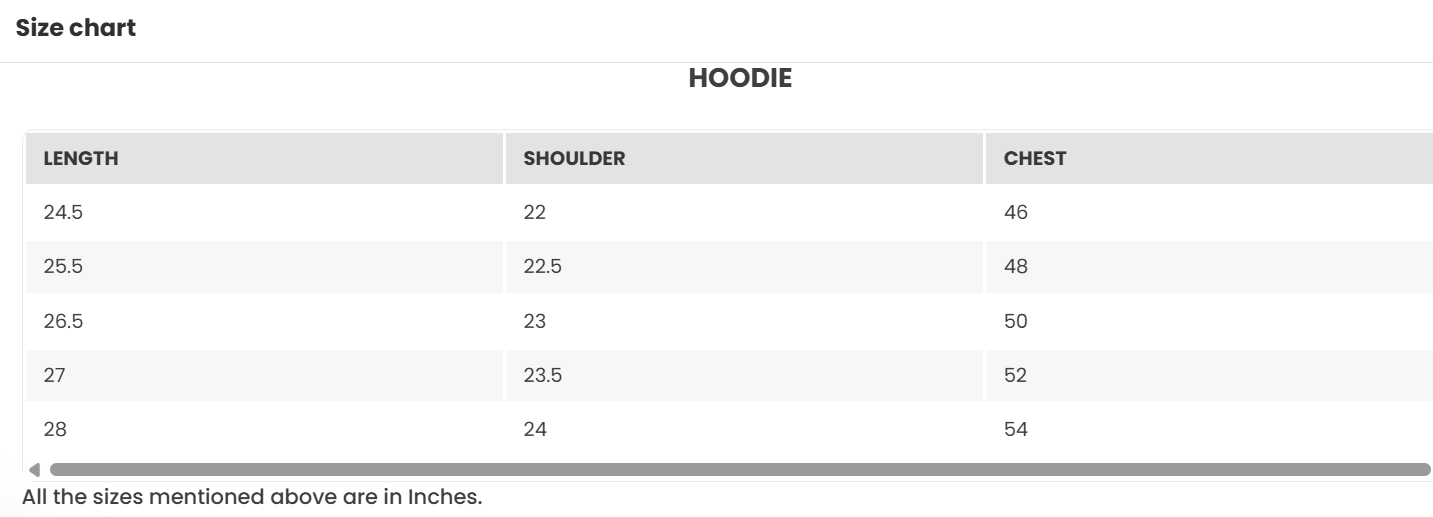 Size Chart for ETHEREAL EDGE HOODIE