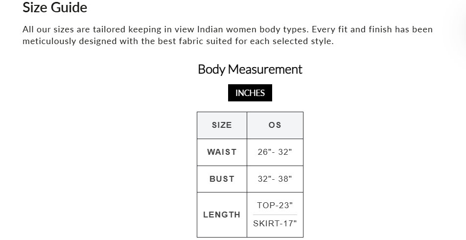 Size Chart for Floral Printed Pleated Two-Piece Set