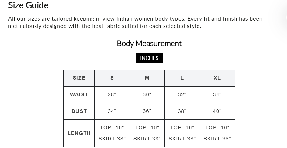 Size Chart for Printed Two-Piece Set