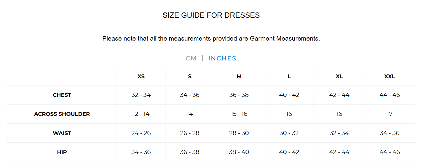 Size Chart for Brielle Dress with Floral Embroidery