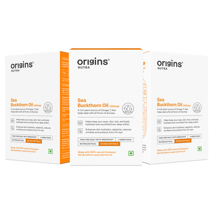 Origins Nutra Sea Buckthorn Oil |Reduce Wrinkles & Pigmentation, Supports Skin Hydration & Elasticity | Sea Buckthorn Oil | GMP Certified | For Men & Women | 28 Capsules.