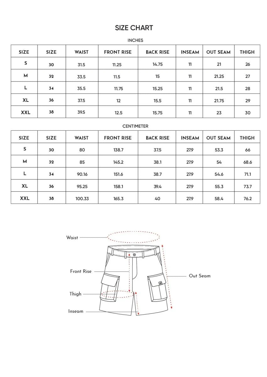 Size Chart for Downtown Cotton Shorts