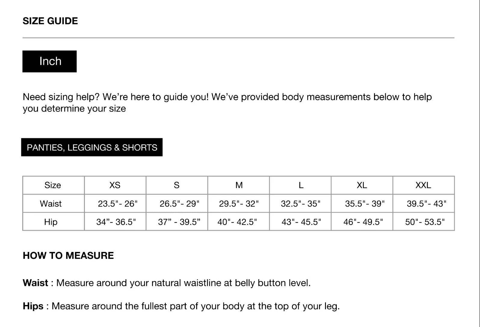 Size Chart for Illusion Leggings