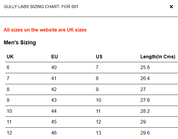 Size Chart for Gully Number 001 - DVAITA Calico White for Women