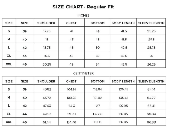 Size Chart for White Sattva Cotton Kurta
