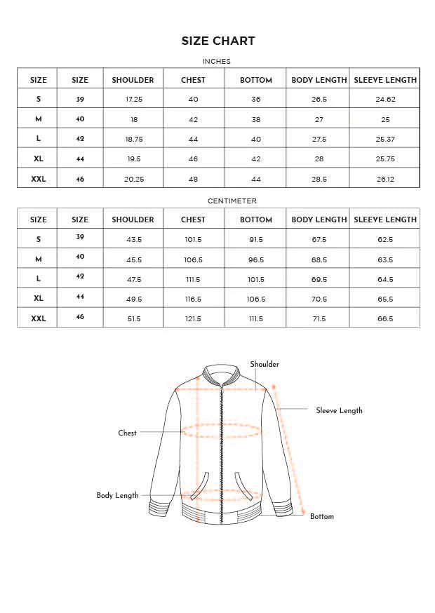 Size Chart for White Solid Zip-Front Bomber Jacket
