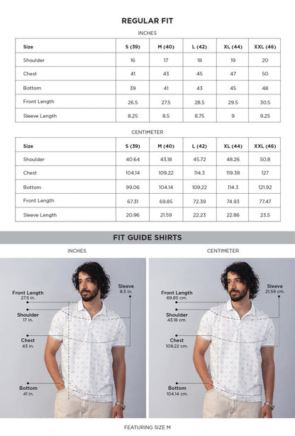 Bloomline White Printed Polo T-Shirt size chart
