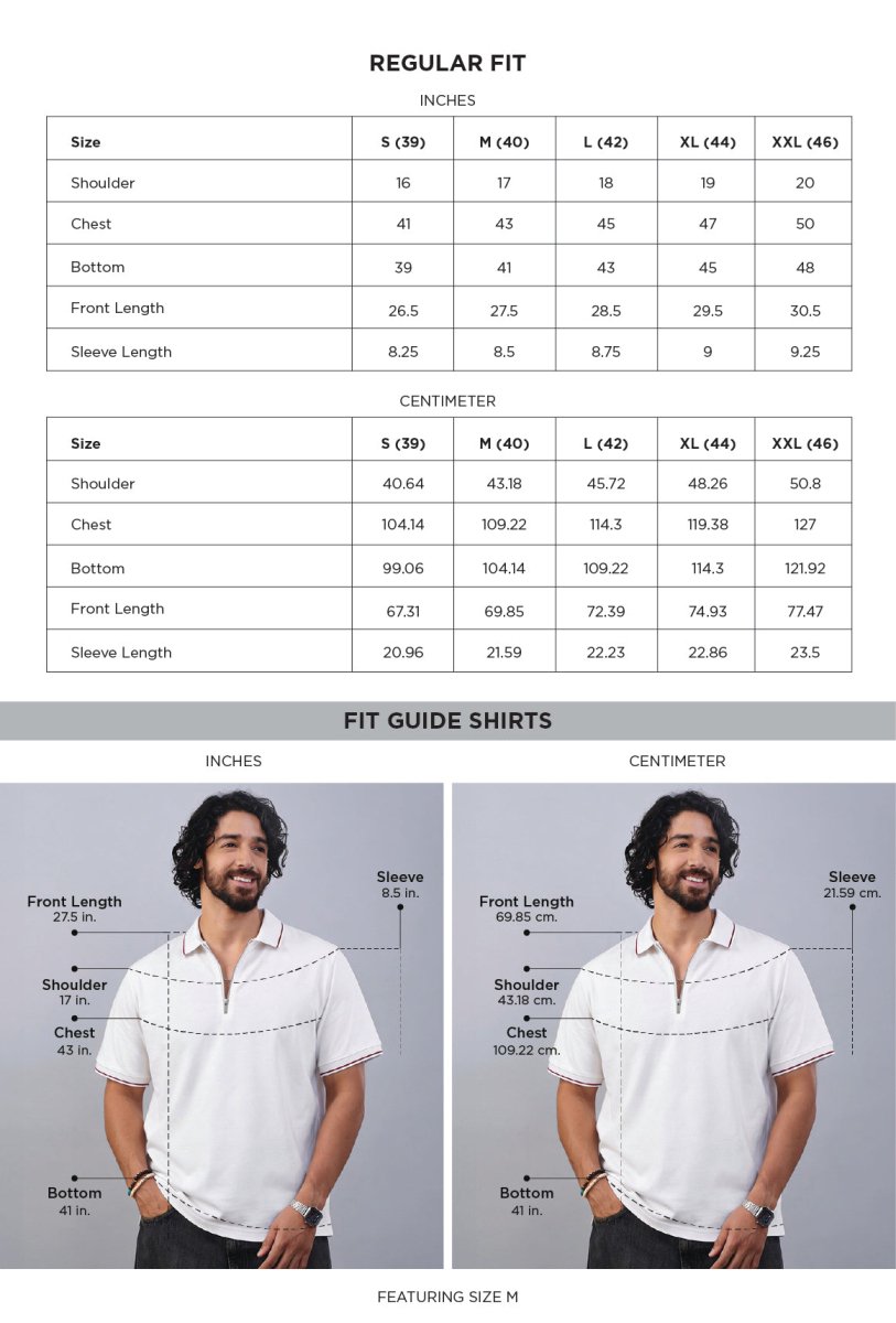 Bolt White Cotton Polo T-Shirt size chart