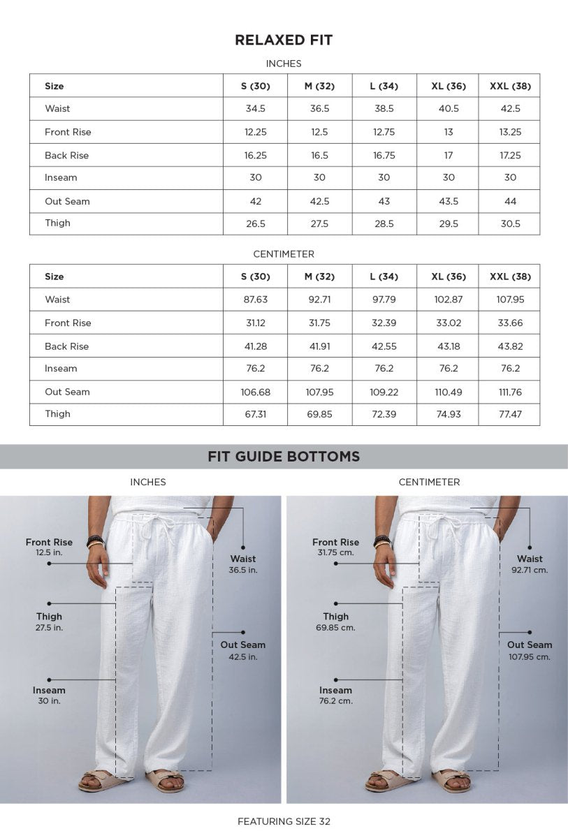 Flow White Textured 100% Cotton Pants size chart