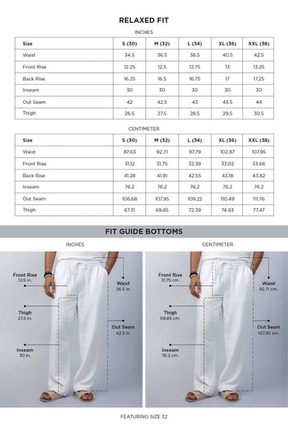 Flow White Textured 100% Cotton Pants size chart